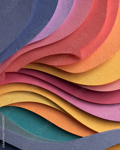 Abstract colorful layered paper cut design with shadows for a 3D papercraft look.