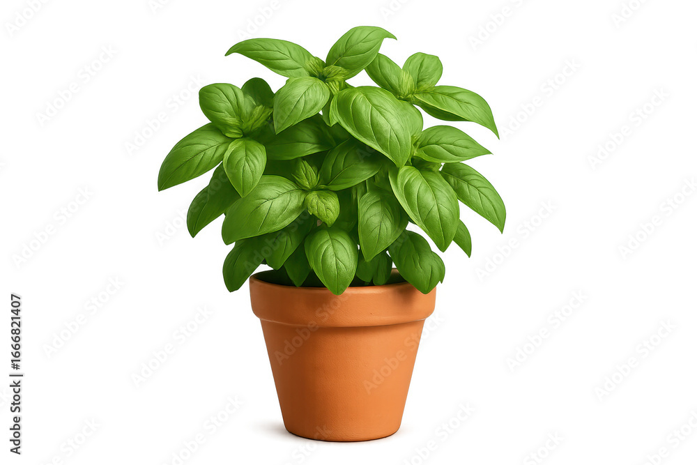 Obraz premium Fresh green basil plant growing in terracotta pot with transparent background
