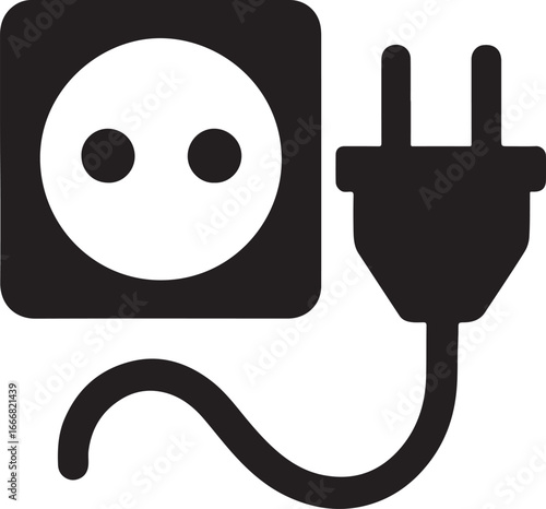 Silhouette of a plug connected to a socket, minimal vector icon for electrical and power concepts.