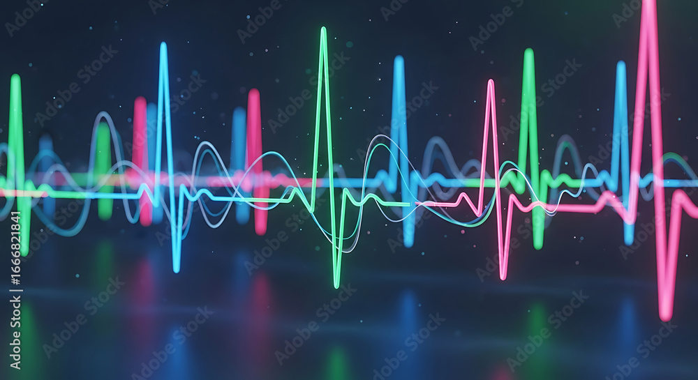 Fototapeta premium Abstract Neon Waveforms with Reflections and Particles on Dark Background