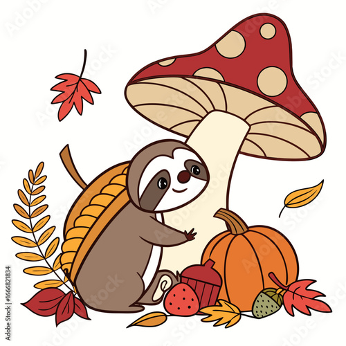 A Bashful Lazy sloth with under a mushroom in a Thanksgiving theme – Harvest Blessings palette SVG illustration