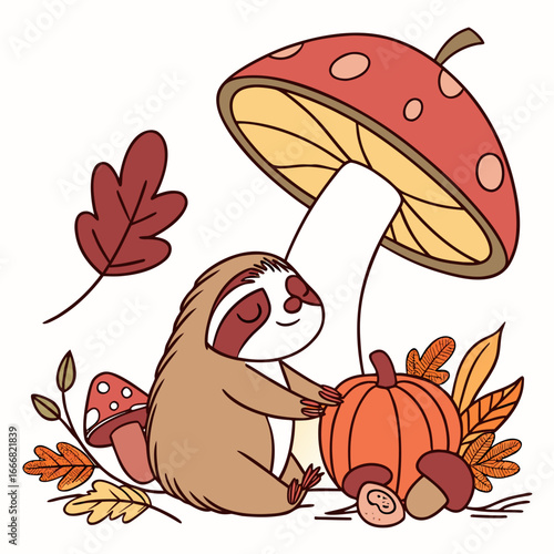 A Bashful Lazy sloth with under a mushroom in a Thanksgiving theme – Harvest Blessings palette SVG illustration