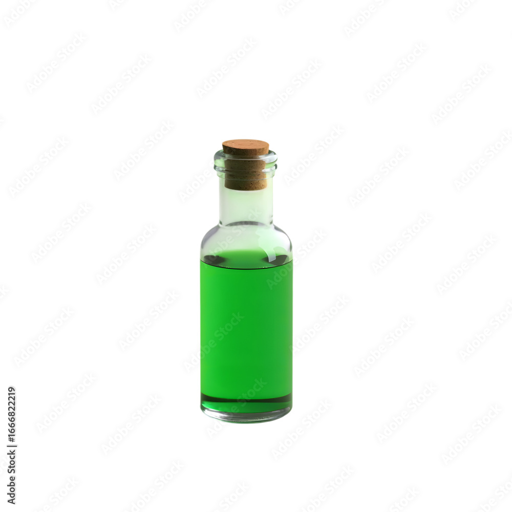 Fototapeta premium Small glass bottle with bright green liquid and cork isolated on transparent background