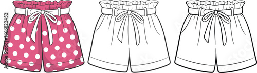 women’s ruffle waist shorts, bow tie belt design, polka dot pattern, high waisted fit, fashion flat sketch, garment technical drawing, vector illustration, sewing pattern, apparel design template