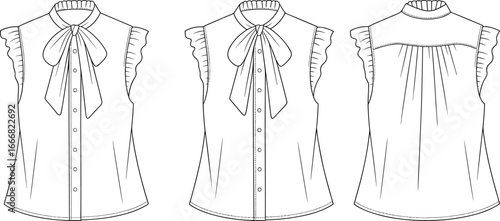 sleeveless blouse front, side, back view, high neck gathered collar, bow tie detail, ruffle armhole, button front, yoke back, cad drawing vector illustration