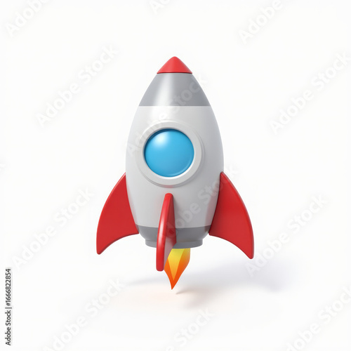 3D Small Rocket Ship Emoji Icon with Red Fins and Blue Window Angled Upward Isolated on White Background