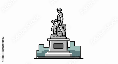 Statue of a man holding a tool on a pedestal.