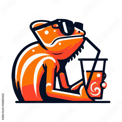A cool lizard mascot relaxing with sunglasses and a drink, a humorous and laid-back cartoon.