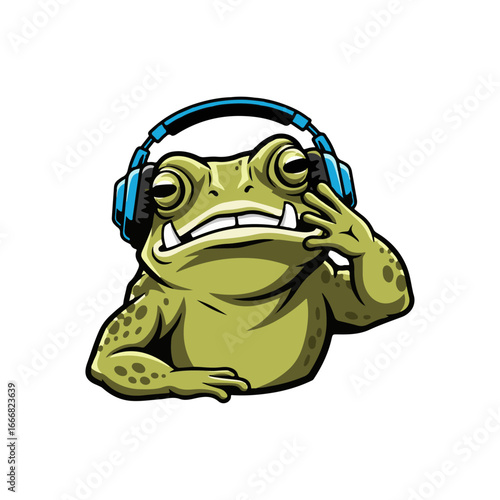 A cool frog with headphones listening to music, a humorous and fun sticker design.
