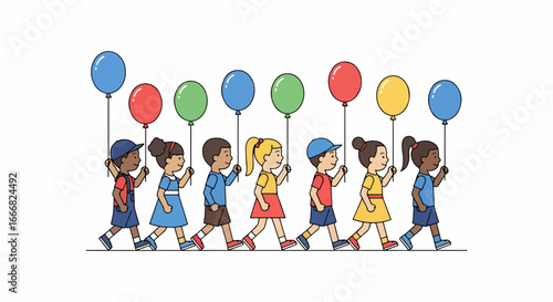 Diverse group of happy children walking together holding colorful balloons.