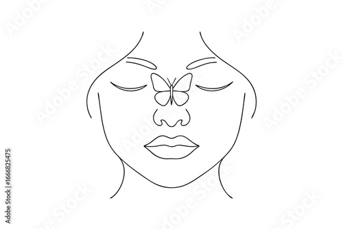 Minimalist continuous line drawing a woman with a butterfly her nose Continous line