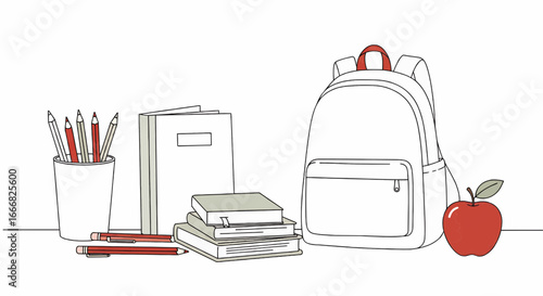 School supplies including books, backpack, and apple on desk  