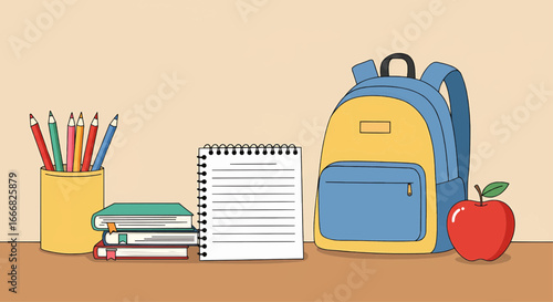 School supplies arrangement with backpack, books, and apple  