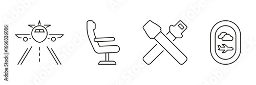 Air Travel Essentials Line Icon Set. Airplane, Seat, Seatbelt, And Window View Outline Symbol Collection. Aviation Safety And Comfort Elements. Editable Stroke. Isolated Vector Illustration