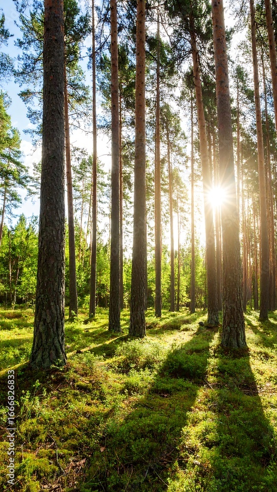 Naklejka premium Sunlight Filtering Through Pine Trees in a Forest.