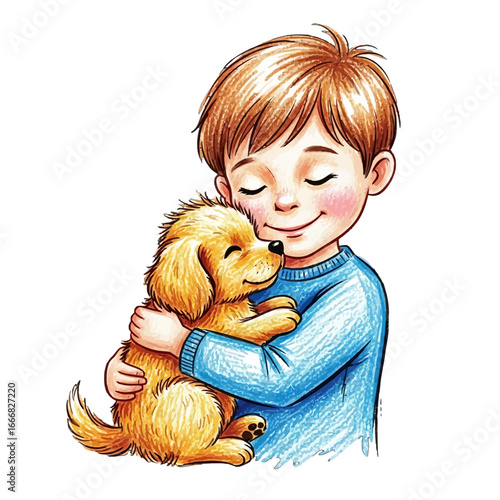 Boy Hugging Golden Puppy