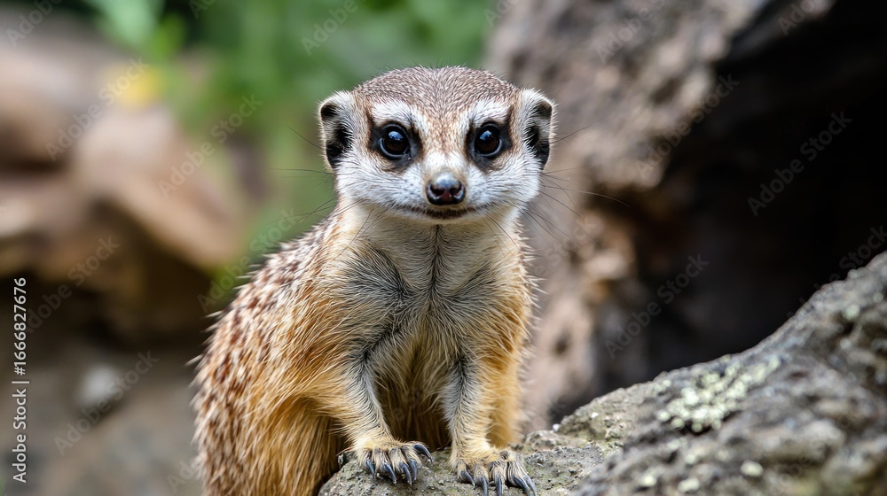 Fototapeta premium A meerkat, with a spotted coat and large ears, is perched on a rock in a naturalistic setting with green foliage in the background.