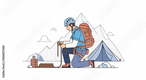 Adventurer kneels, preparing to climb a mountain peak.