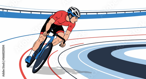 Cyclist in action racing on a velodrome track.