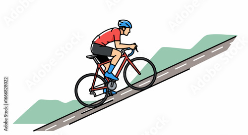 Cyclist riding bicycle up steep hill illustration.