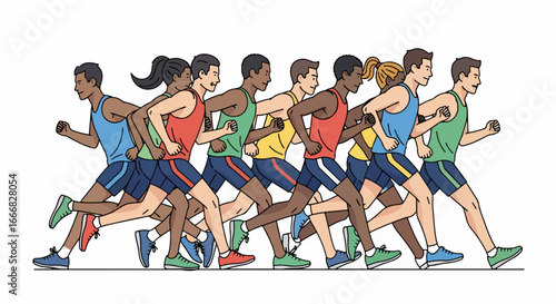 Diverse Runners in a Race - Teamwork and Competition.