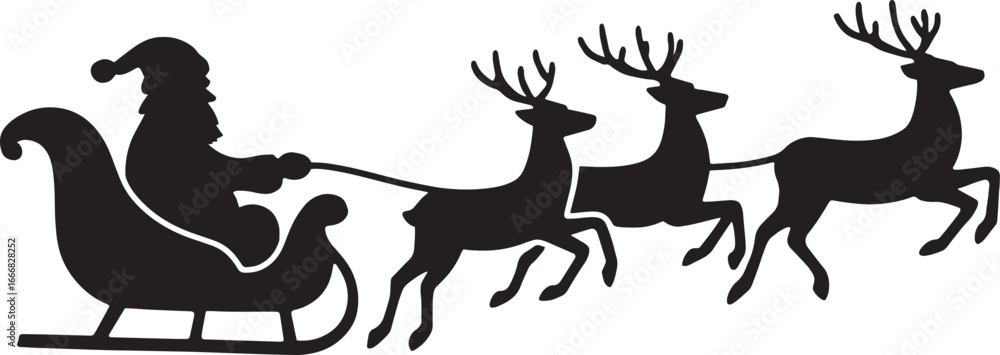 Fototapeta premium Vector Silhouette of Santa Claus Riding Sleigh with Reindeer – Minimalist Christmas Holiday Design on White Background