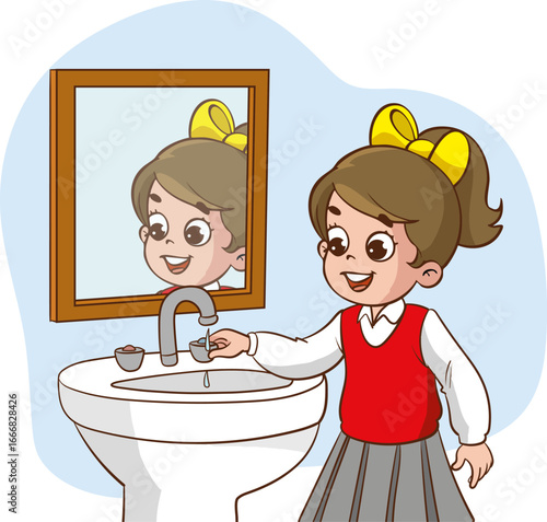 vector illustration of girl turning off the tap in the bathroom