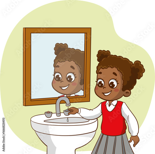 vector illustration of girl turning off the tap in the bathroom