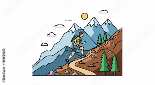 Man hiking up a scenic mountain trail surrounded by nature.