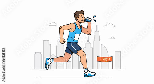 Marathon Runner Hydrating During City Race Illustration.