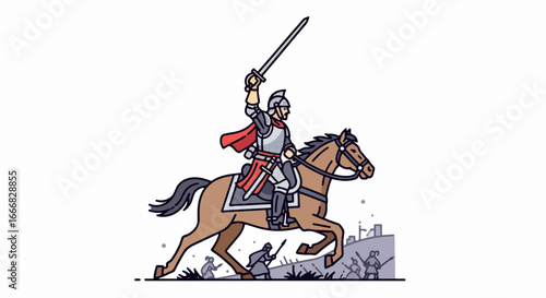 Knight on horseback charging with sword raised in battle.