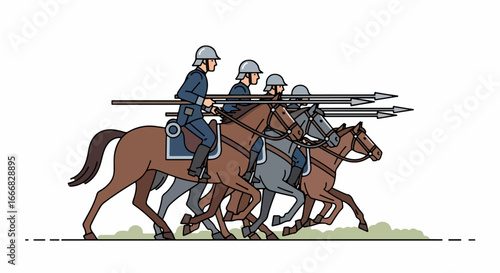 Medieval cavalry charge with lances, historical military illustration.