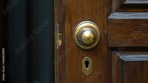 A wooden door with a brass doorknob and a keyhole, set against a dark background with a hint of a window in the background.