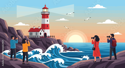 Coastal lighthouse scene with photographers capturing seascape at sunset