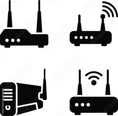 Wireless Router and Network Device Vector Icons Set with WiFi Signals