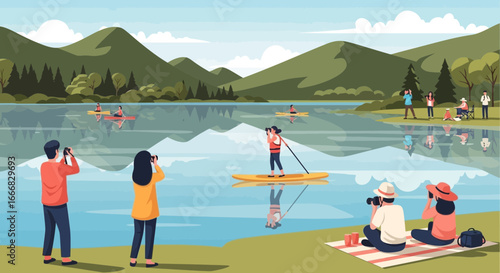 Scenic Lakeside Recreation and Photography Activities Amidst Nature