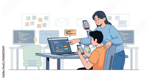 Development team working, code collaboration and mobile application synchronization