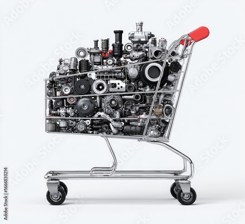A shopping cart overflowing with car engine parts