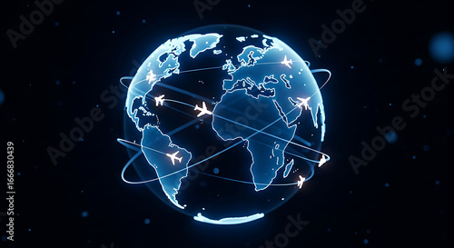 Global air travel concept with planes flying around the world blue glow