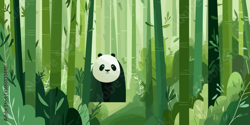 Charming illustrated giant panda with a minimalist design peeking out with a gentle smile.