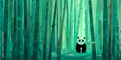 A lonely, stylized panda sits illuminated by a single light beam in a dense green bamboo forest.