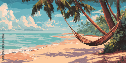 Serene tropical beach illustration with a hammock hanging between palm trees overlooking the ocean.