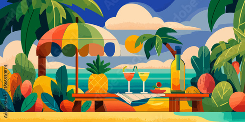 Vibrant, stylized illustration of a tropical beach picnic with cocktails, pineapple, and a colorful umbrella by the sea.