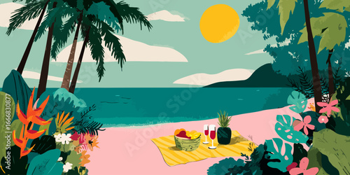 Stylized illustration of a romantic picnic on a vibrant tropical beach with palm trees and colorful flowers.