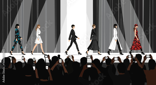 Captivating fashion show scene with diverse models strutting the catwalk