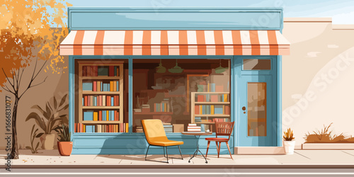 Charming blue bookstore facade with a striped awning, bookshelves, and sidewalk seating.