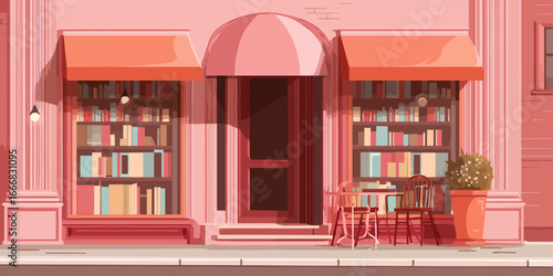 Illustrated pink bookstore facade with awnings, bookshelves in windows, and a small sidewalk cafe table.