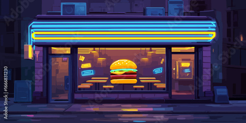 Stylized burger joint storefront illuminated by vibrant blue and yellow neon lights at night.