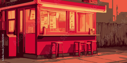 Stylized graphic illustration of a red urban food kiosk with an empty counter and stools.