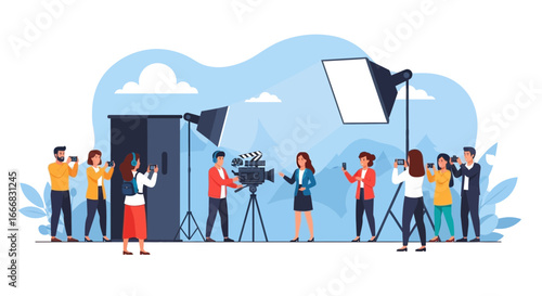 Behind the scenes film set with crew, actress and onlookers illustration